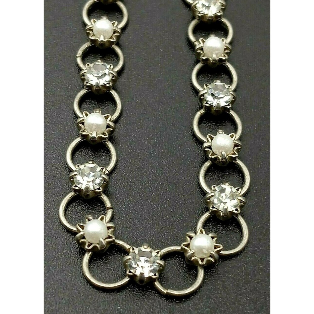 Clear Rhinestone Faux Pearl Choker Necklace Silver Tone Chain Link AfterThoughts